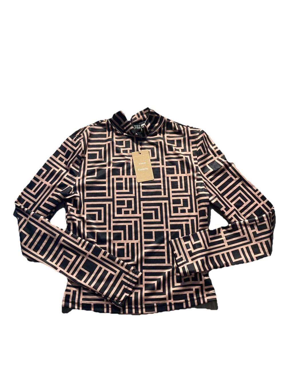 NWT Shein Frenchy Geometric Print Mock Neck Long Sleeve Black Beige Size S